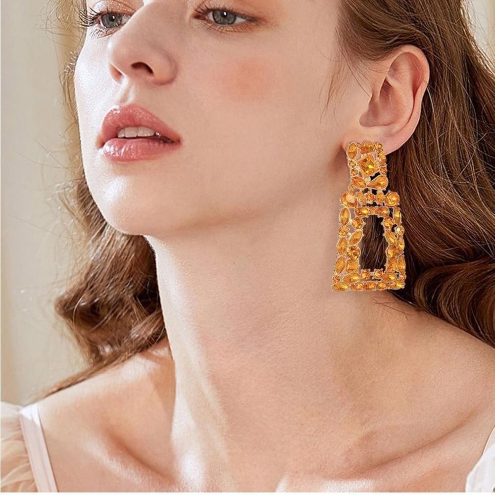 Yellow Gold with Orange Citrine Crystal Geometric Rectangle Post Back Earrings - Picture 4 of 6